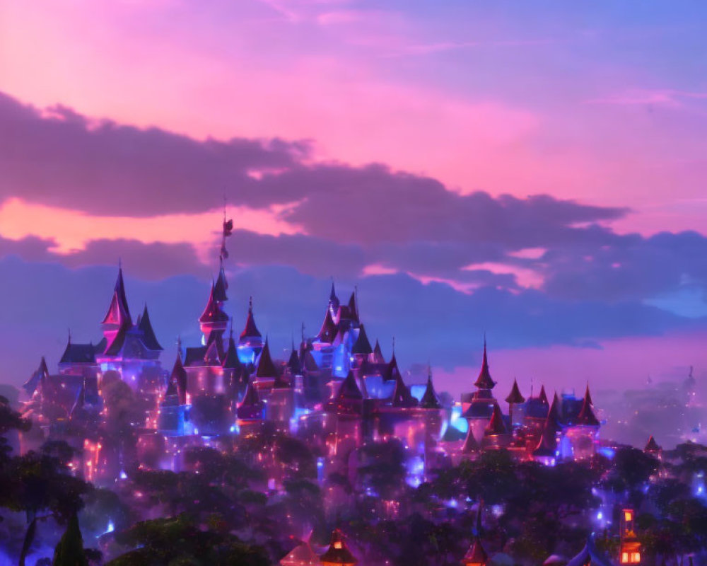 Fantastical castle at twilight with vibrant purples and pinks under mystical glow