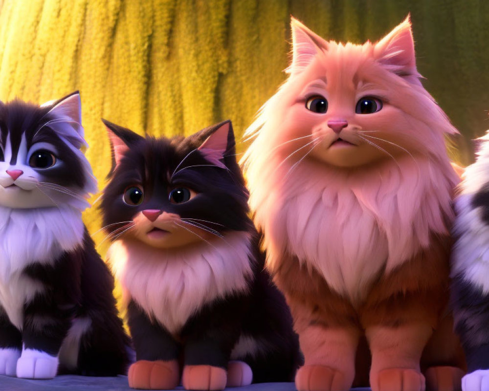 Three Fluffy Animated Cats with Big Eyes