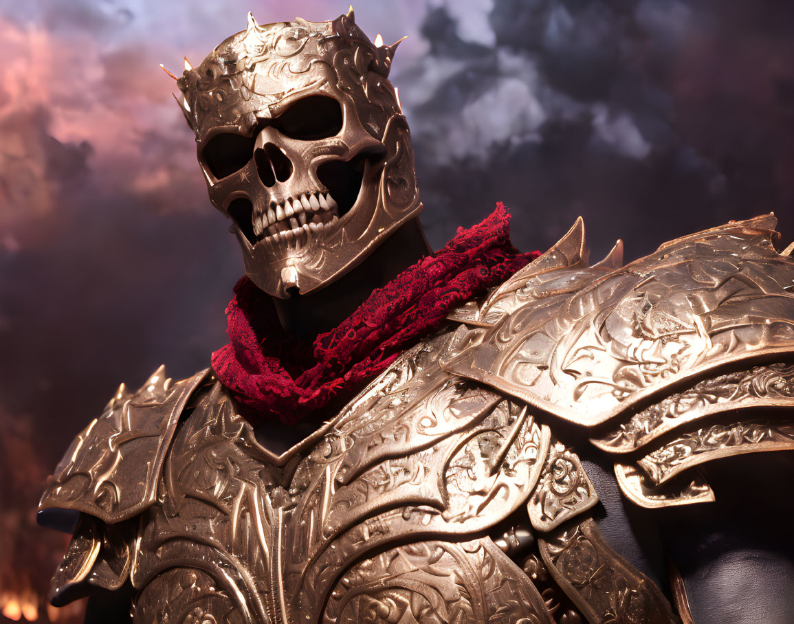 Golden Skull Mask Figure in Decorated Armor Under Ominous Clouds