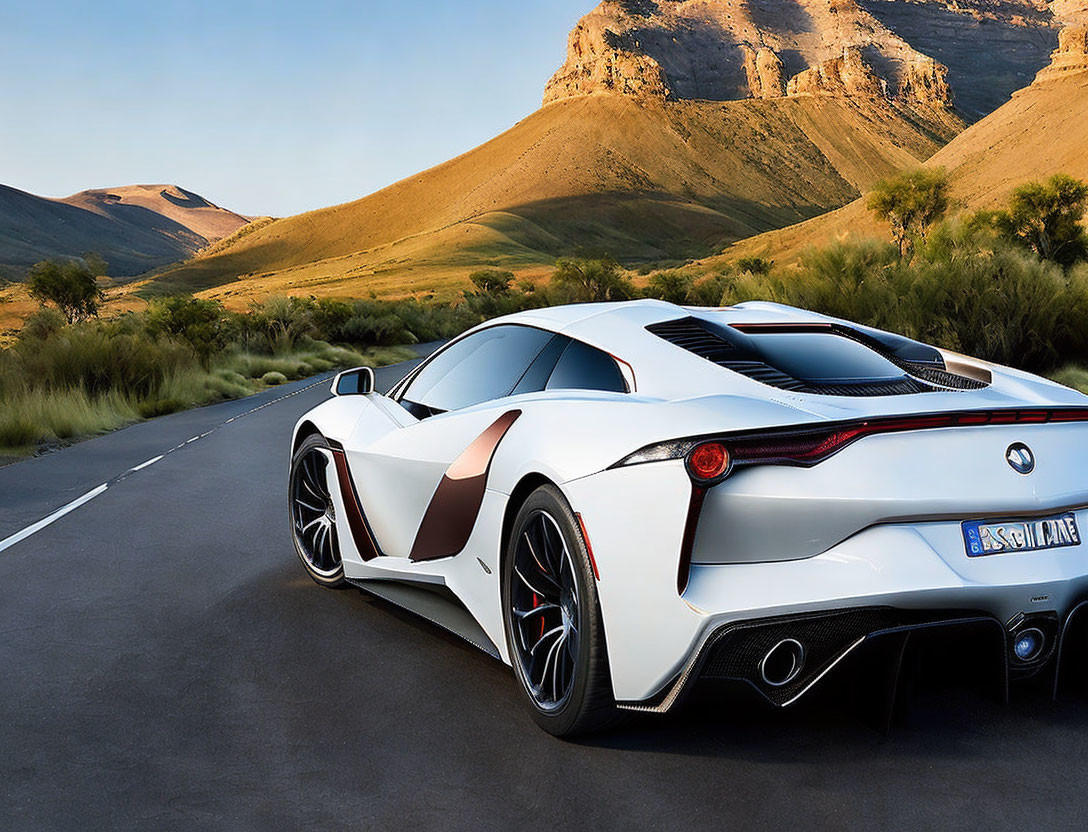 White Sports Car with Black and Red Accents on Open Road Amid Rolling Hills