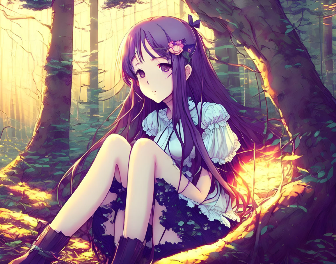 Anime girl with long purple hair in forest setting wearing ruffled dress.