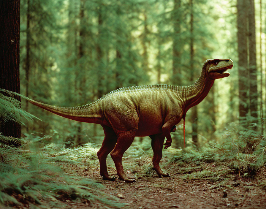 Realistic Brown Dinosaur Model in Lush Green Forest