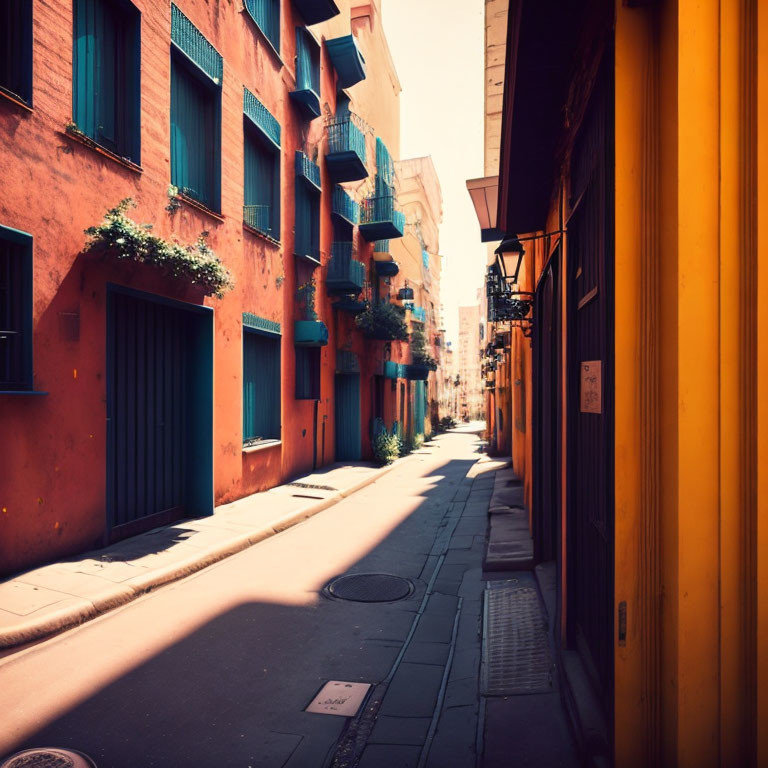 Colorful Buildings and Green Balcony Plants in Sunny European Street