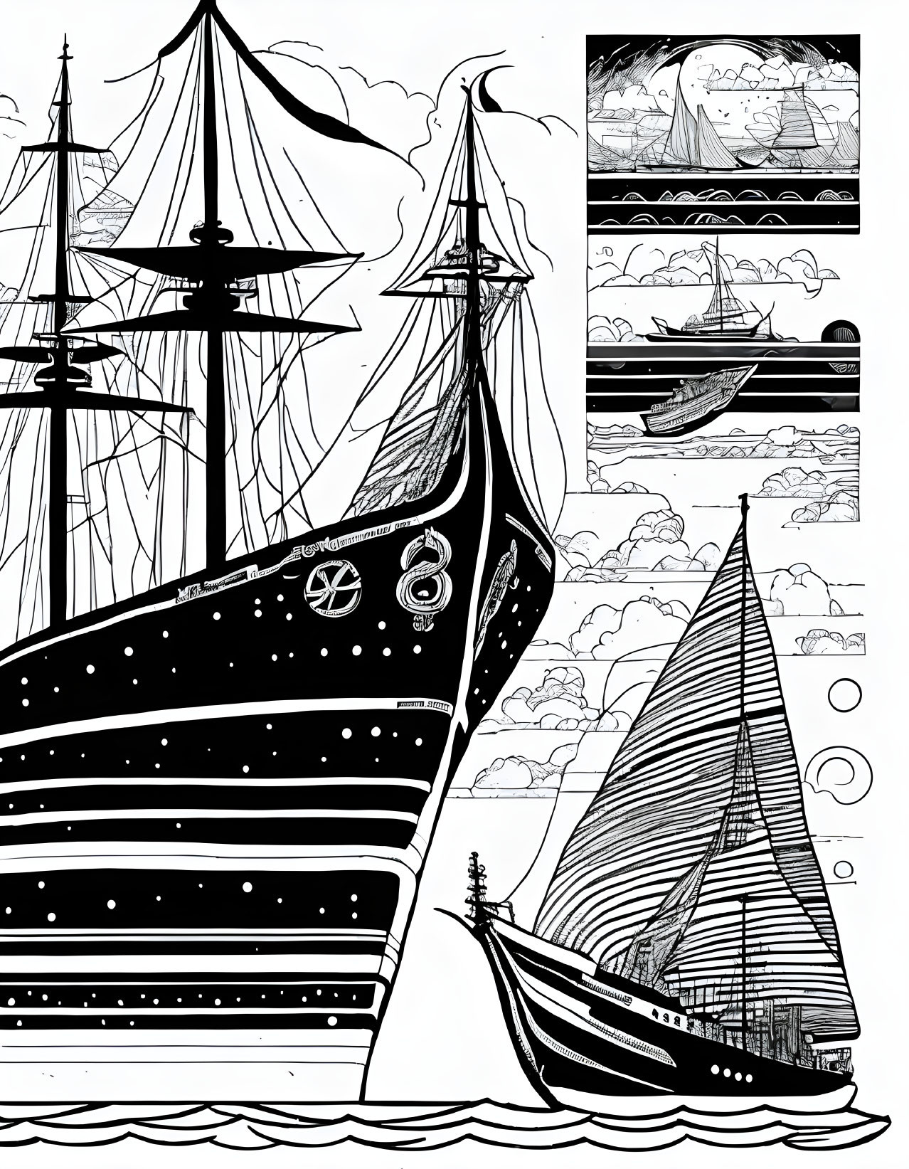 Detailed black and white ships sailing with artistic patterns under a stylized sky