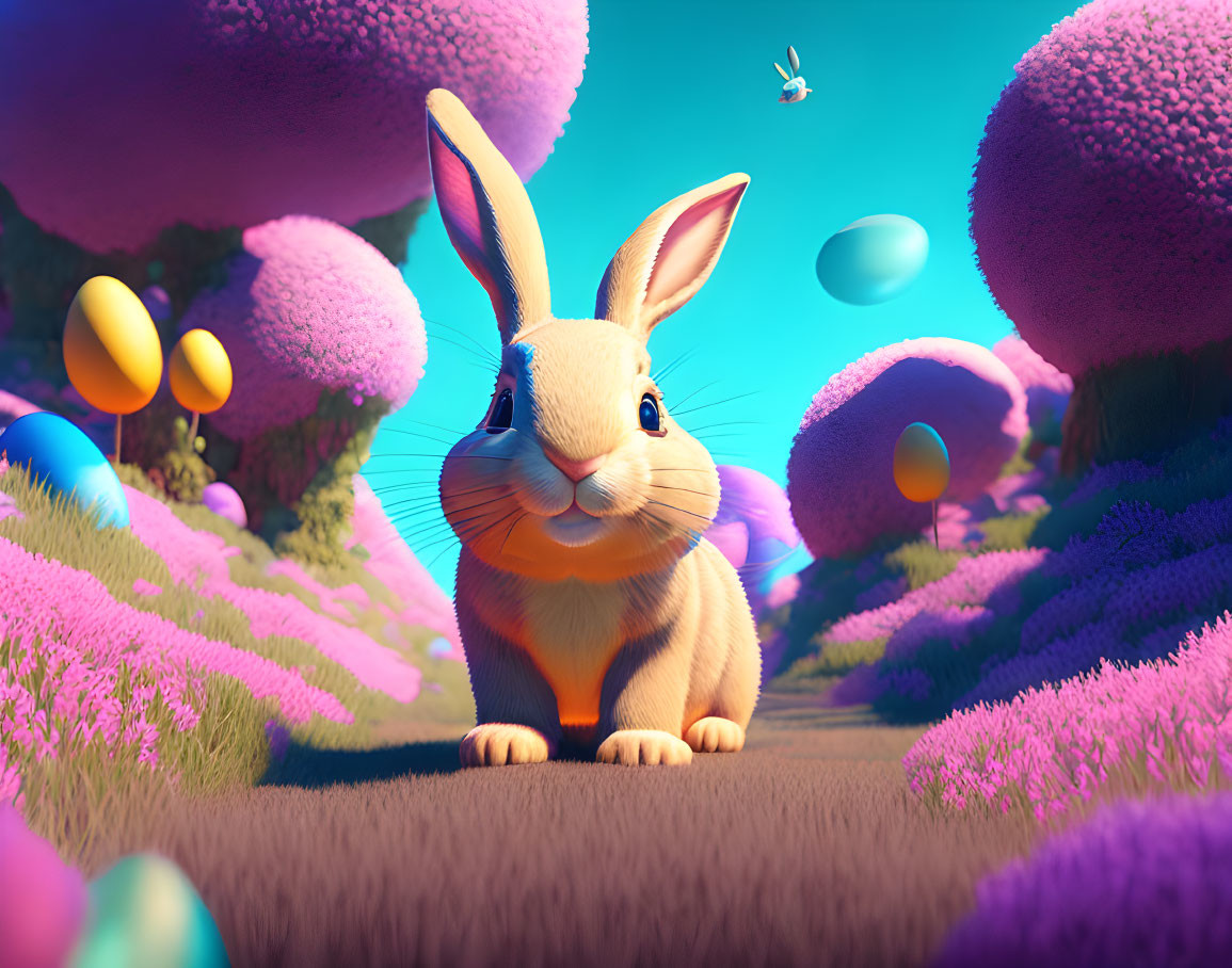 Colorful Cartoon Rabbit in Vibrant Fantasy Landscape