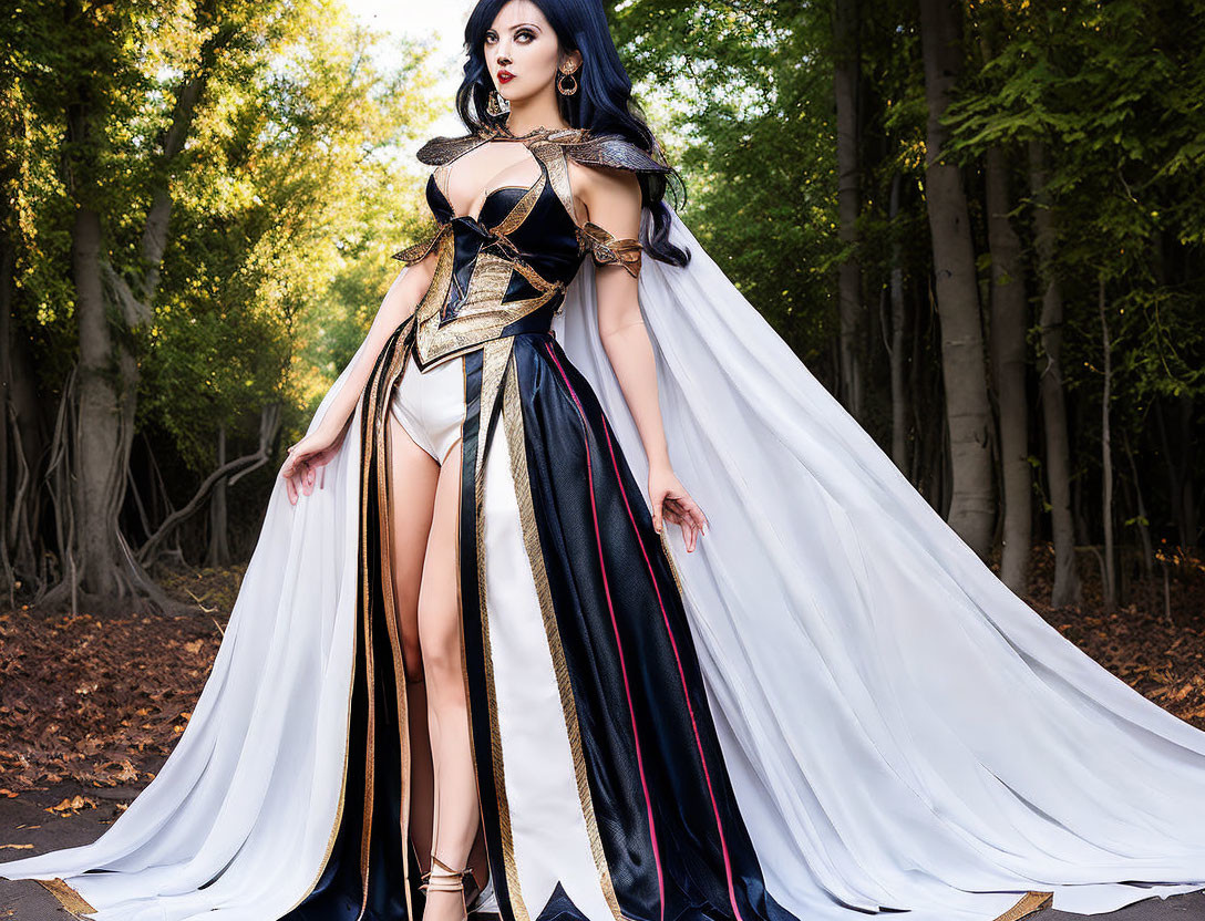 Person in Dramatic Costume with Cape, Corset, and Striking Makeup in Forest Setting