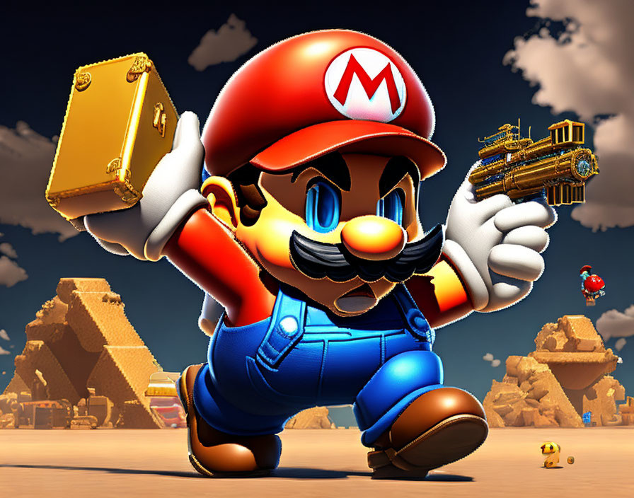 Video game character in desert setting with gold suitcase, gun, pyramids, and flying ship.