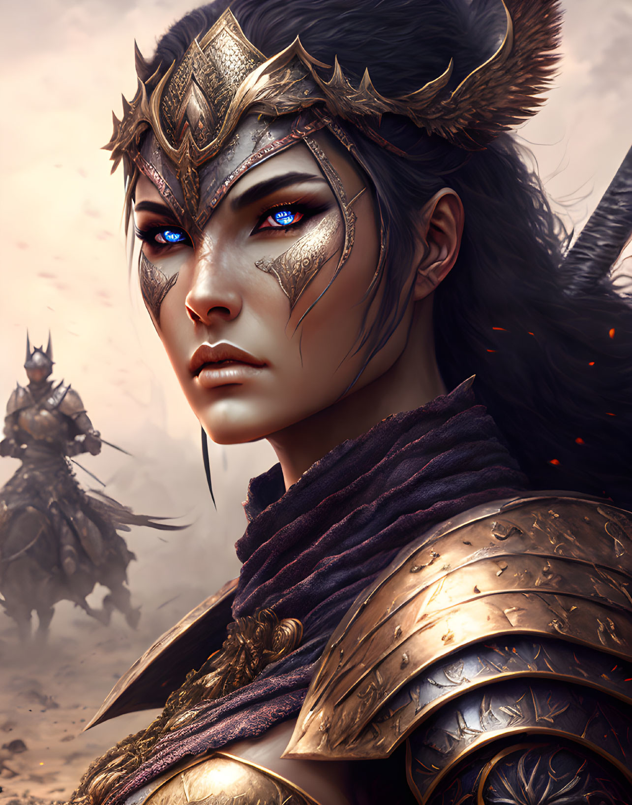 Female warrior digital artwork: Blue-eyed warrior in golden armor, horned helmet, face markings, battle