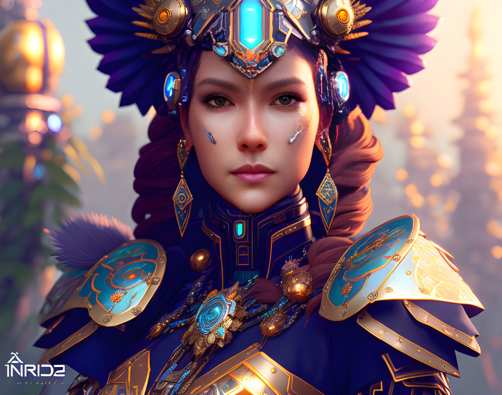 Woman in Gold and Blue Armor with Jewels and Feathered Headdress