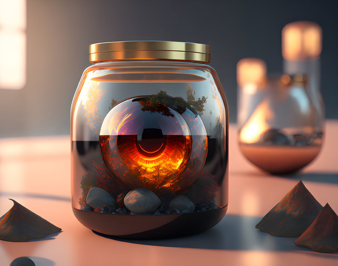 Digital artwork: Jar with miniature ecosystem and glowing red eye on reflective surface