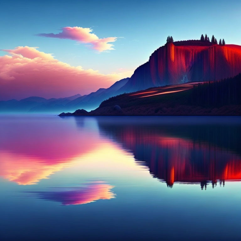 Vibrant sunset colors reflected on serene lake with purple and pink clouds