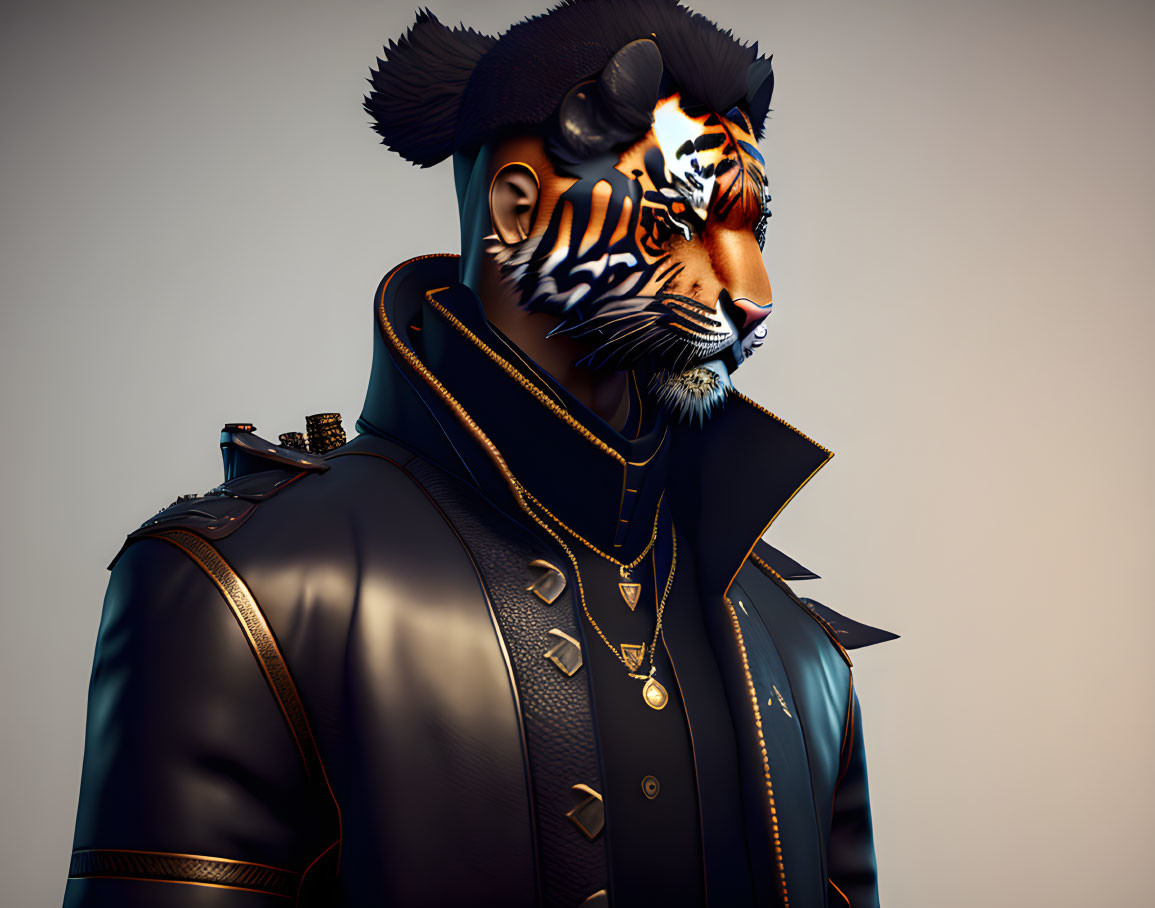 Anthropomorphic tiger character in black leather attire with golden accents