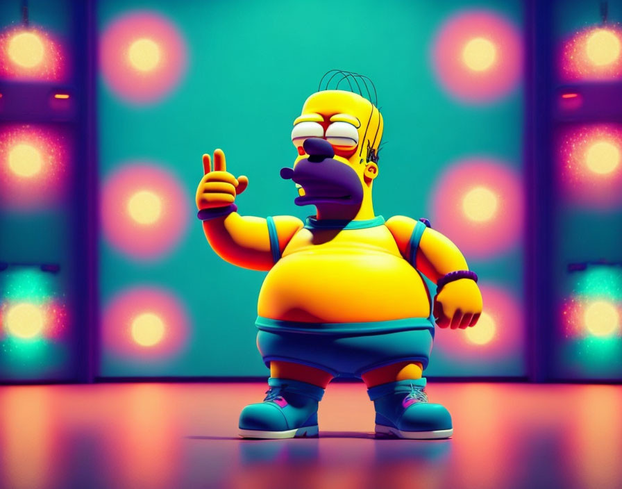 Stylized Homer Simpson-like figure under colorful lights