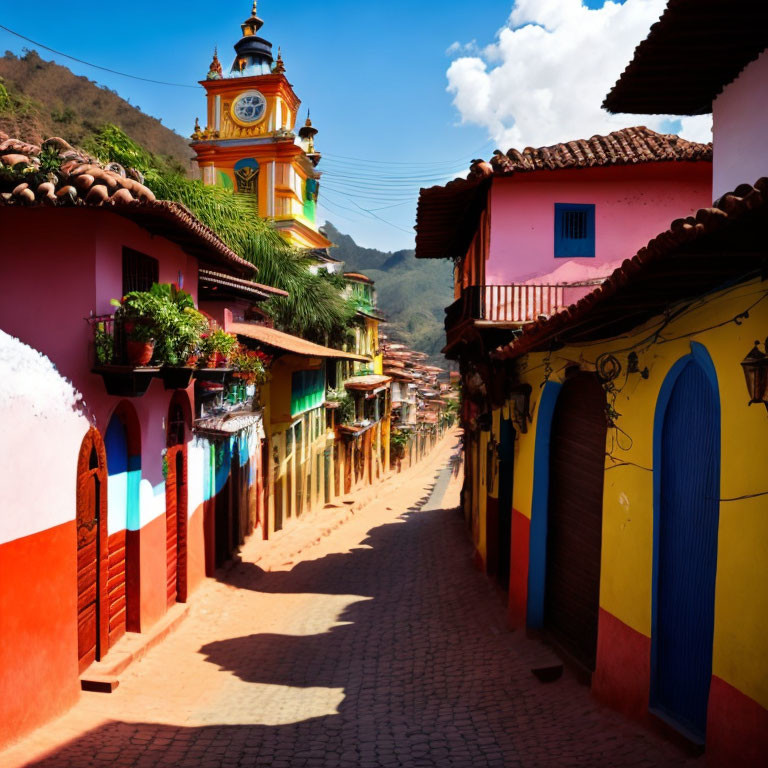 Vibrant cobbled street with colorful colonial buildings and clock tower