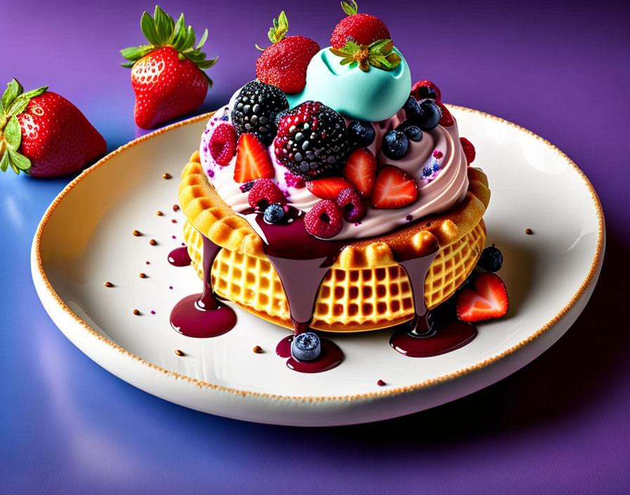 Colorful dessert illustration with waffle, purple ice cream, berries, and syrup