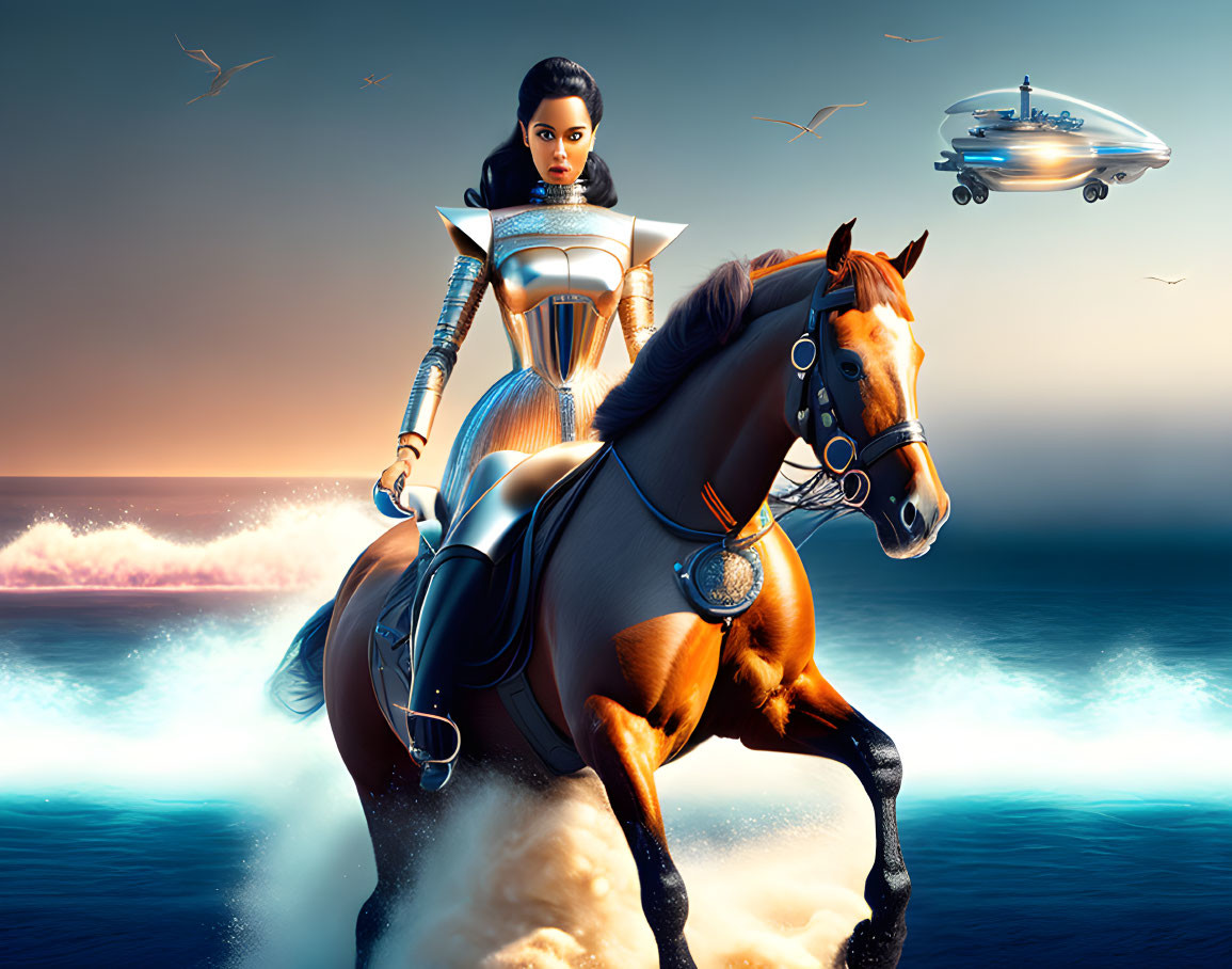 Futuristic knight on horseback with spaceship and birds in sky