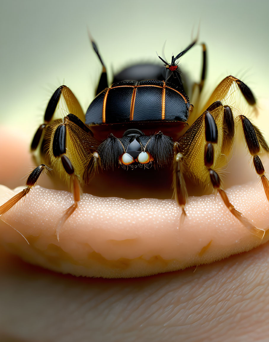 Detailed close-up of a fly on human skin with vibrant colors and intricate textures