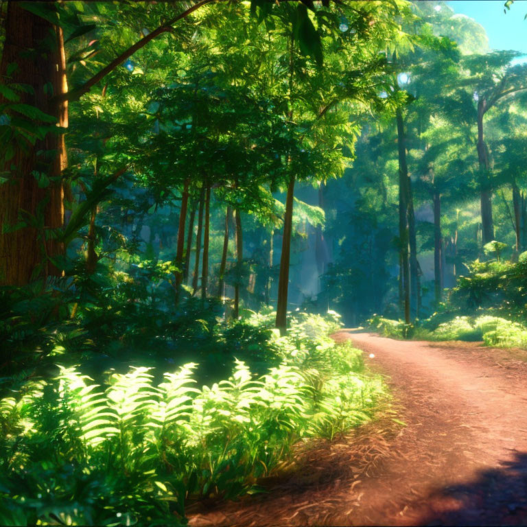 Lush forest with sunlight on dirt path and vibrant ferns