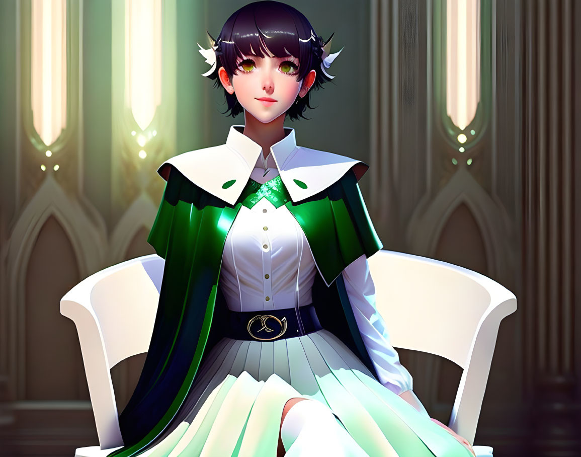 Animated character with short black hair and horns in green and white dress on white chair