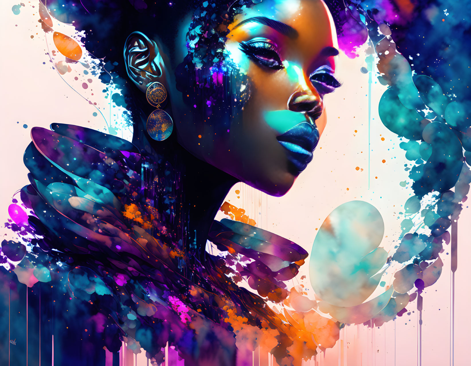 Colorful digital artwork of a dark-skinned woman with abstract blues and purples.