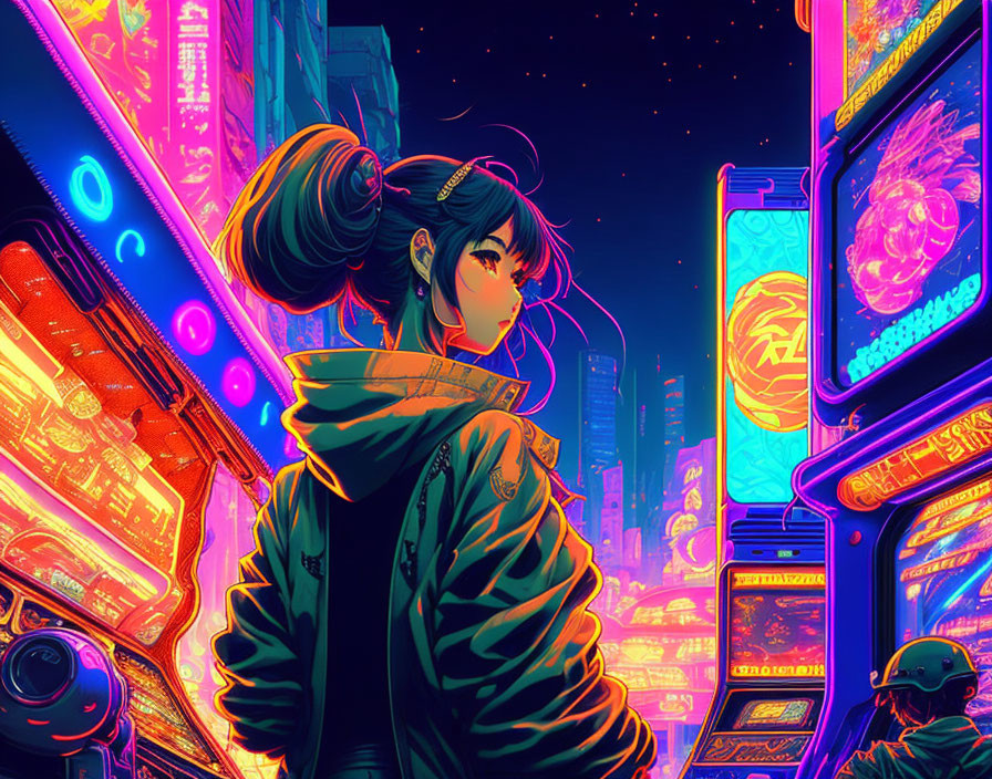 Woman with bun hairstyle in neon-lit futuristic cityscape at night