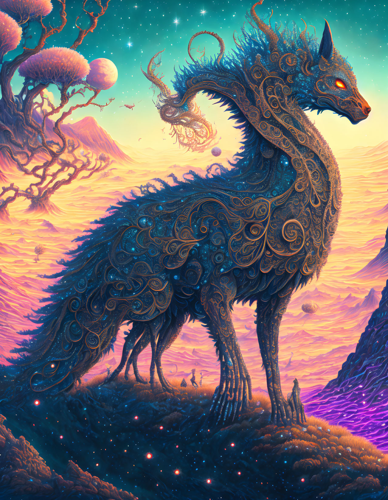 Intricate mythical creature in vibrant, moonlit landscape