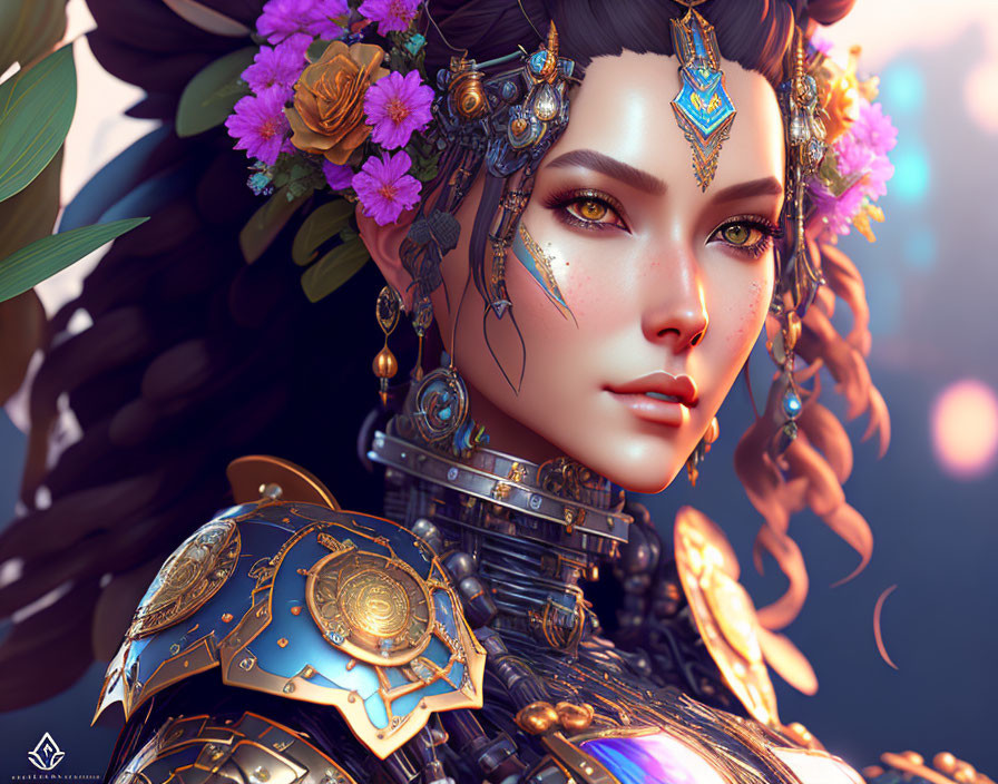 Detailed digital illustration of woman in ornate armor and floral jewelry against soft background