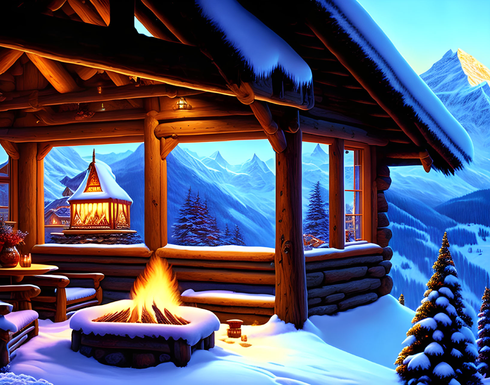 Rustic wooden cabin with firepit, lantern, and snowy mountains at dusk