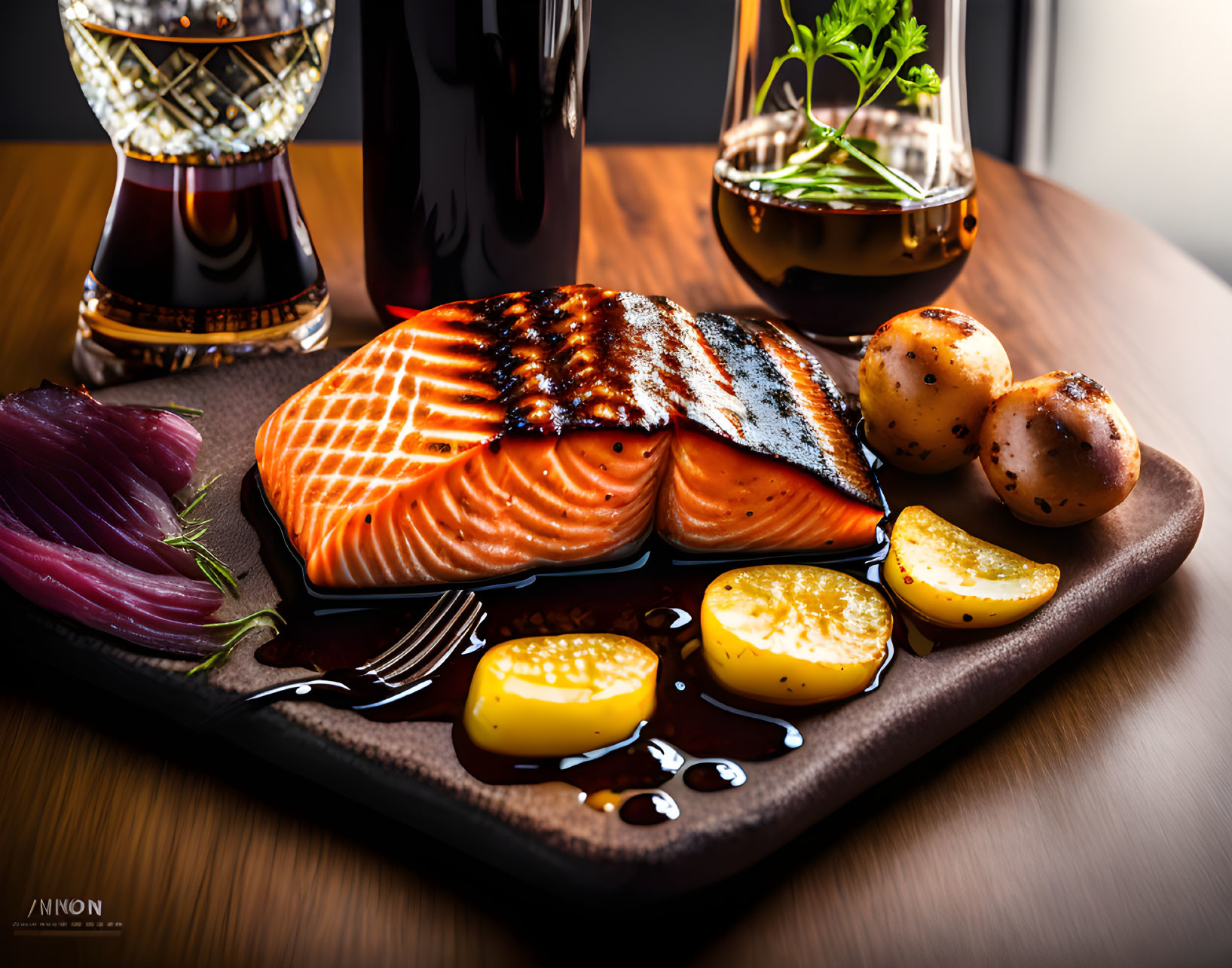 Grilled salmon fillet with herbs, baby potatoes, onion, whiskey, and plant on dark plate