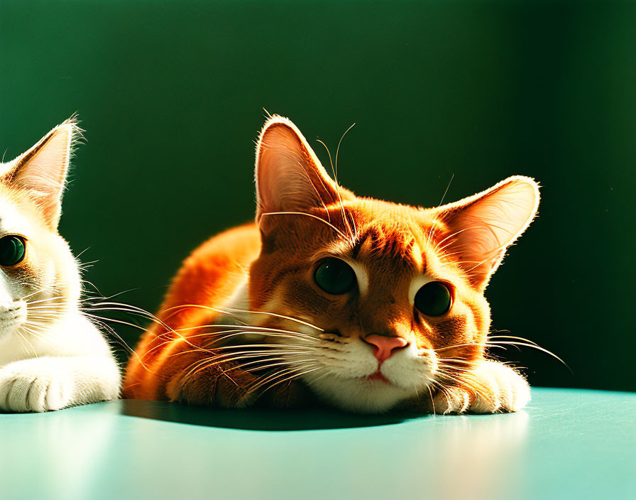 Orange and white cats resting on blue surface, one with large eyes, dark green backdrop.