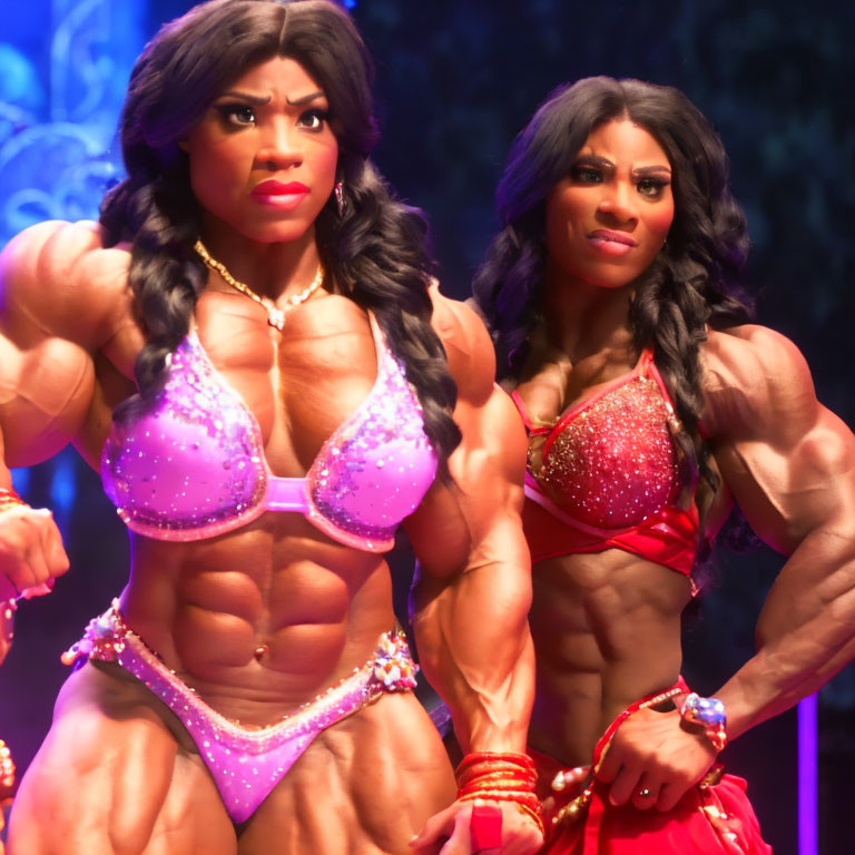 Muscular Women in Sparkly Bikini Costumes on Purple Stage