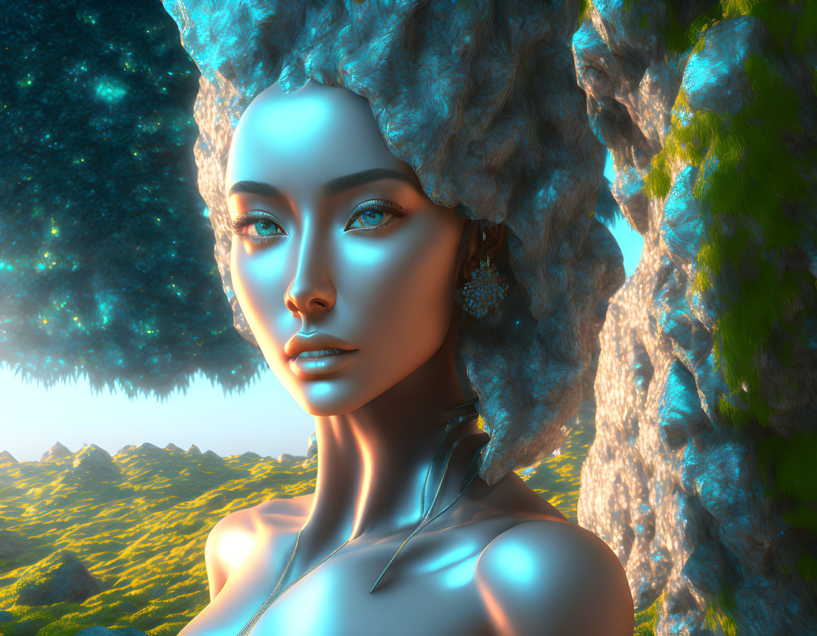 Blue-skinned woman with textured hair in surreal landscape and starry background