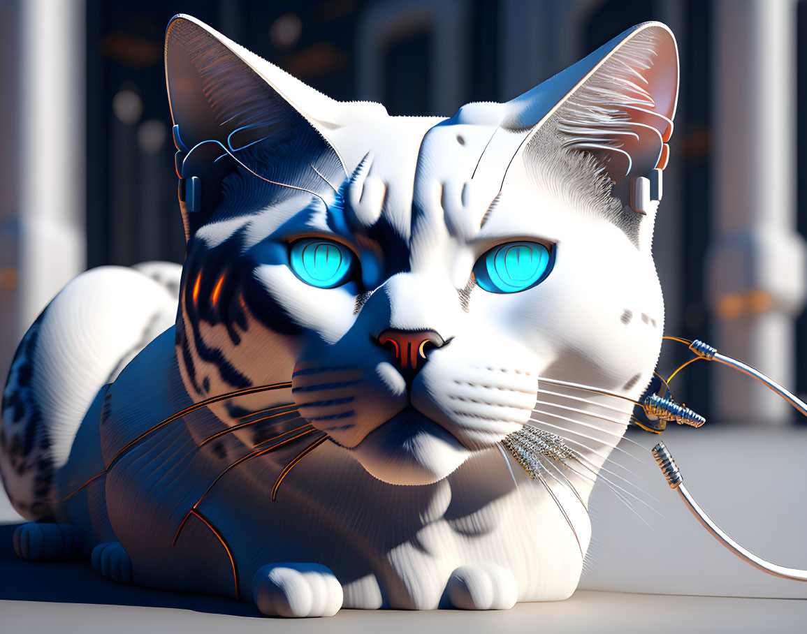 Detailed 3D illustration of a robotic cat with blue eyes and white fur