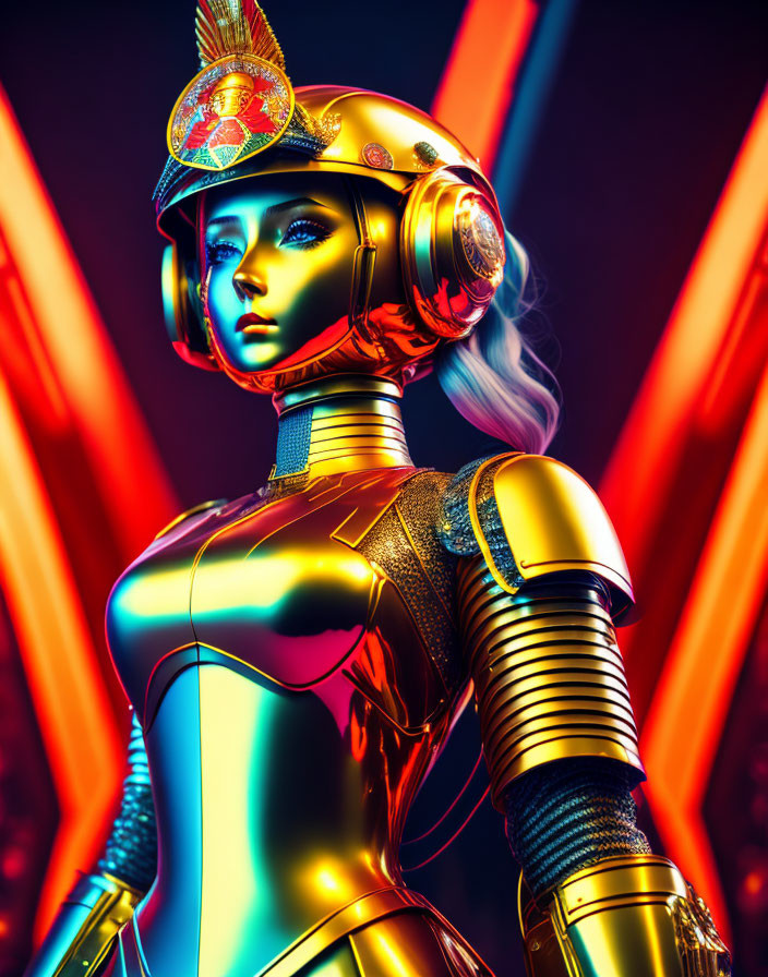 Golden-helmeted female android in neon lights.