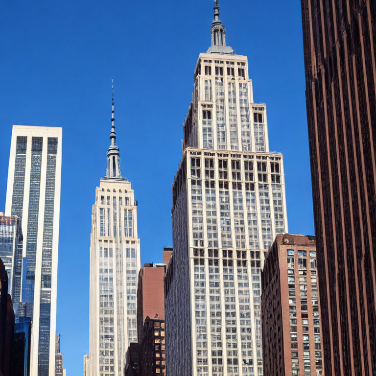 City skyline with Empire State Building and high-rise buildings against clear blue sky