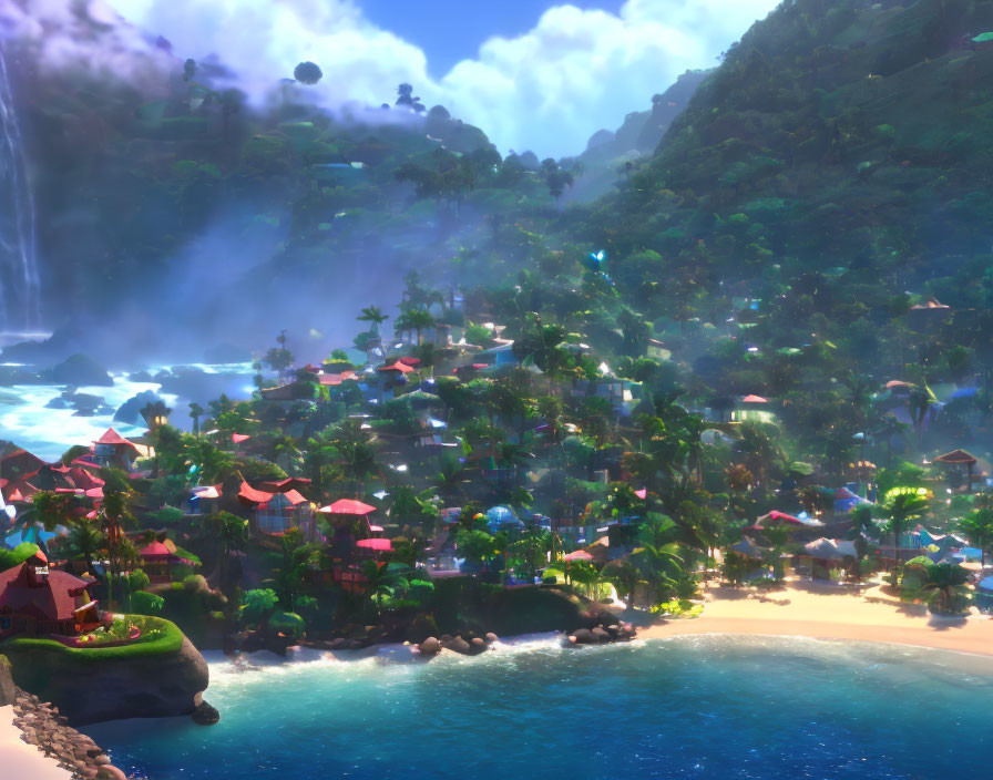 Tropical village by the sea with waterfalls, colorful houses, and verdant hills