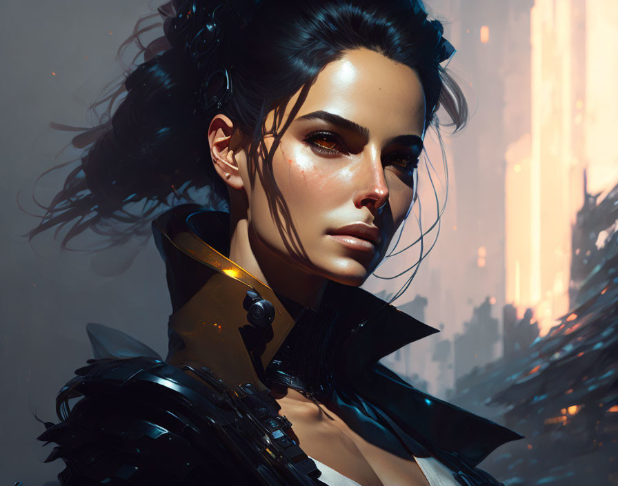 Digital portrait of woman with dark hair and futuristic armor in soft-lit setting