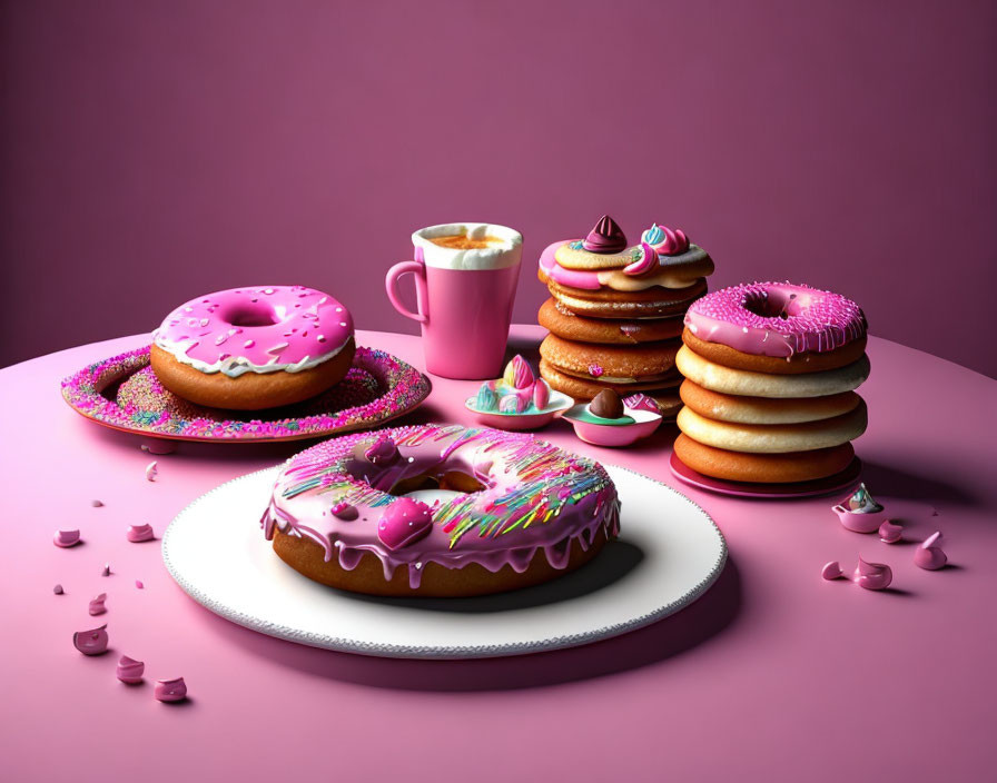 Assorted colorful donuts with sprinkles and coffee on pink plates