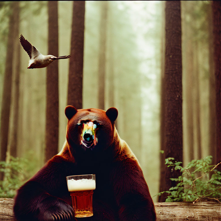 Bear with beer in misty forest clearing with bird flying.