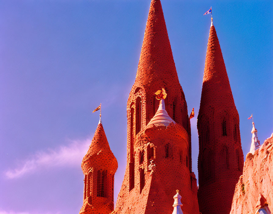 Whimsical sandcastle with multiple towers under a pink sky