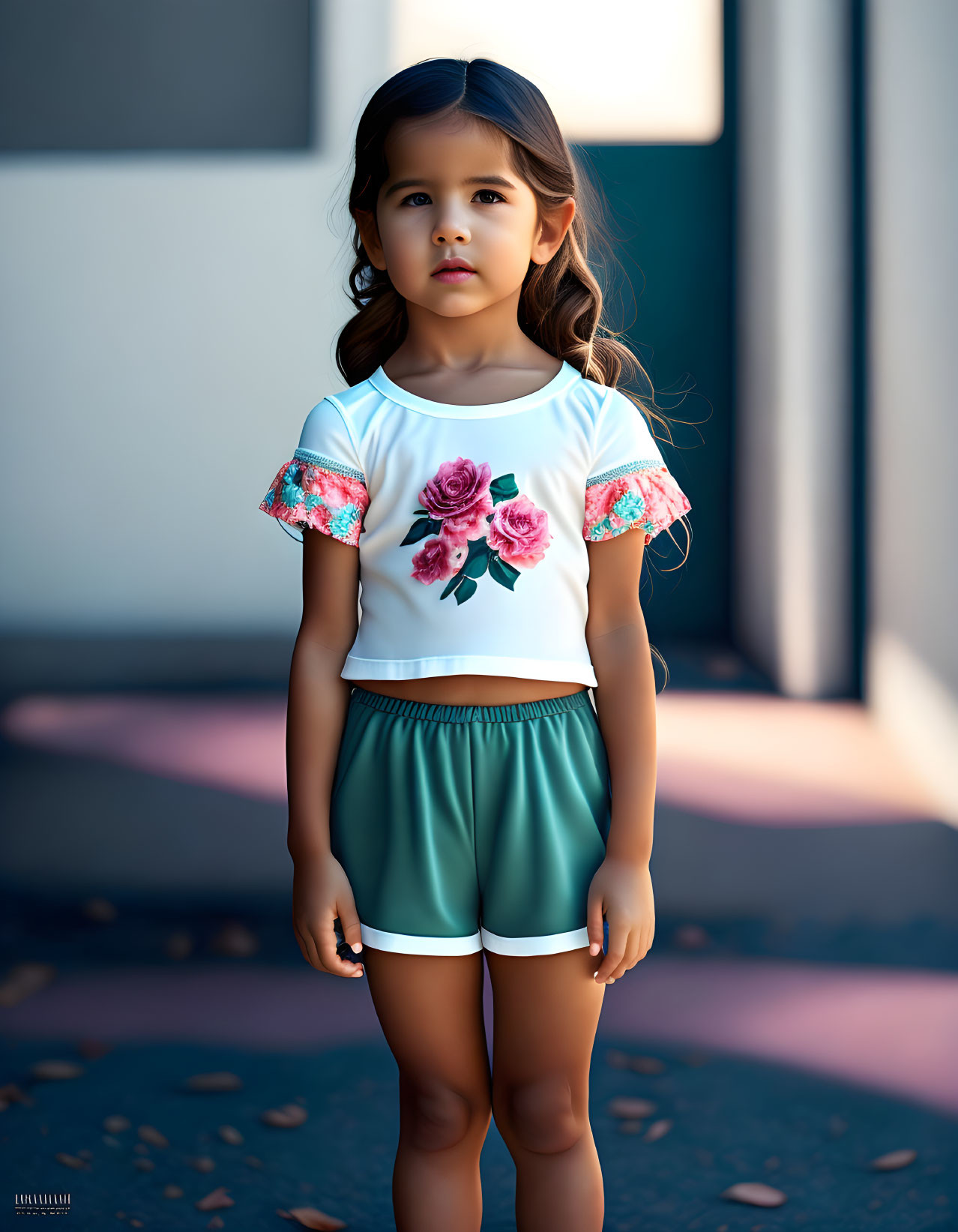 Young girl in floral top and green shorts gazes into the distance