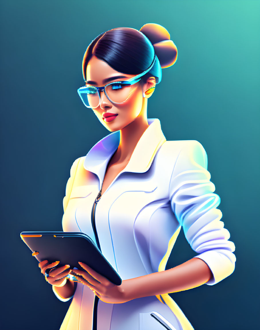 Digital illustration: Woman with glasses using tablet in vibrant, futuristic style