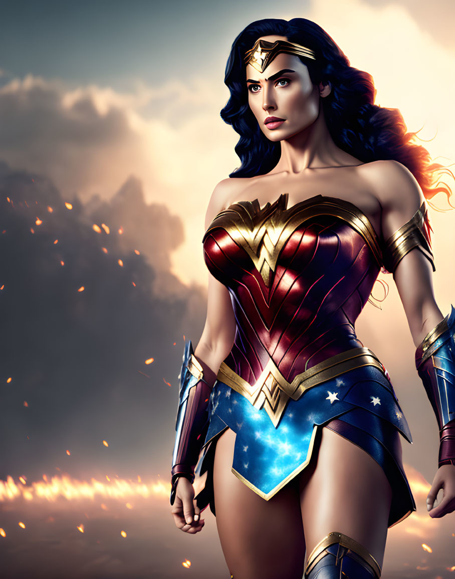 Female superhero in red and gold armor with long dark hair under dramatic sky