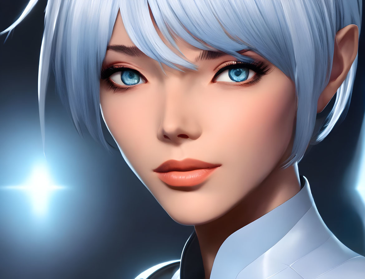 Close-up of 3D-rendered female character with short blue hair and striking blue eyes on light