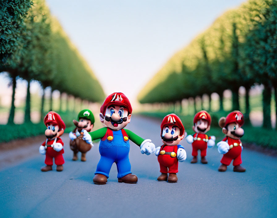 Super Mario figurines on road with trees, iconic Mario in blue overalls