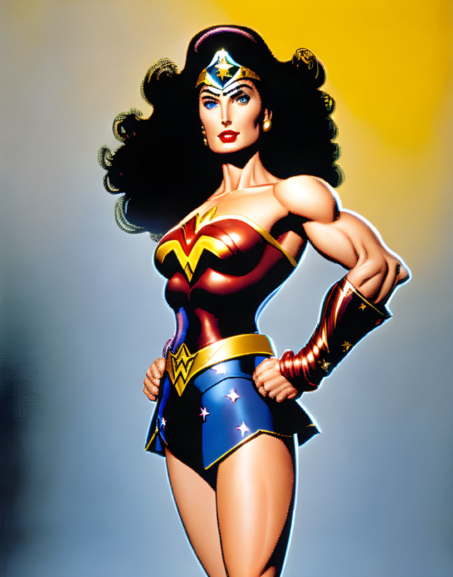 Iconic Wonder Woman Costume Illustration: Gold Tiara, Red Top, Blue Starry Bottoms