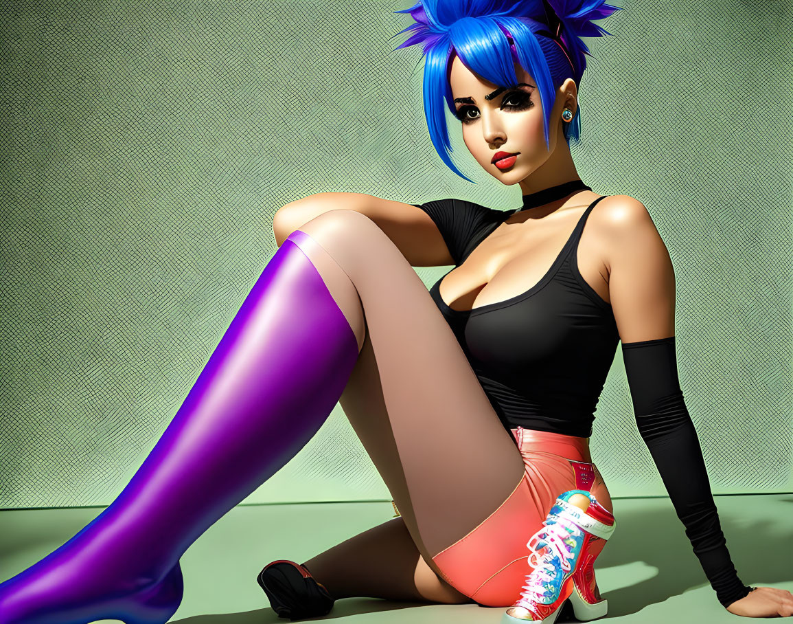 Digital artwork: Woman with blue hair in black top, pink shorts, purple boots, on green background