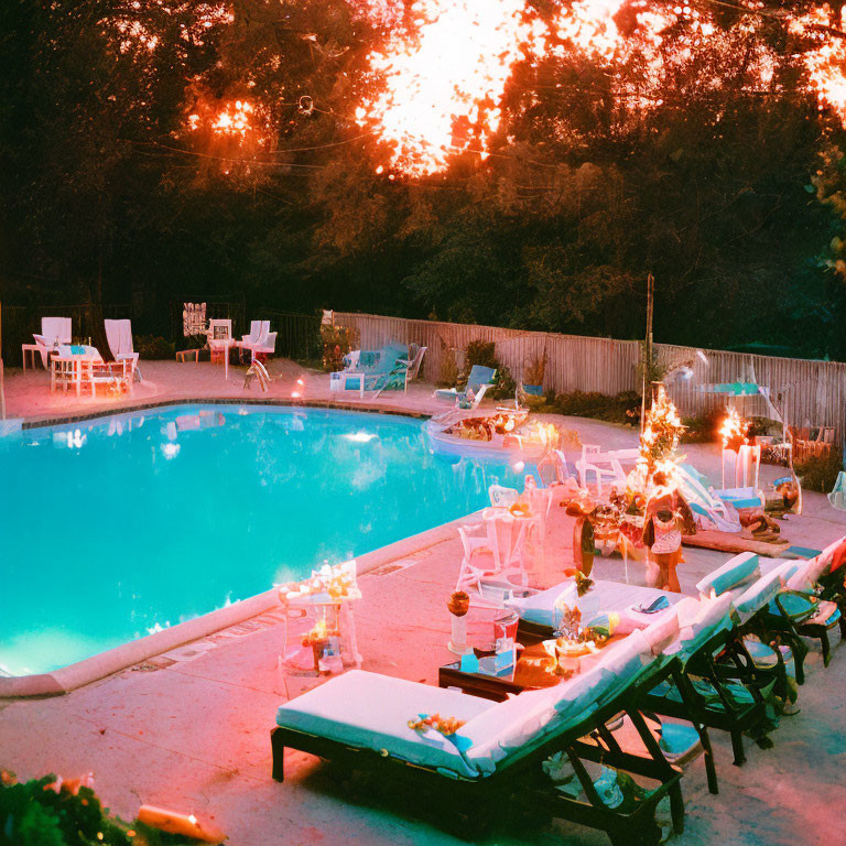 Tranquil Twilight Poolside Party Setup with Loungers and String Lights