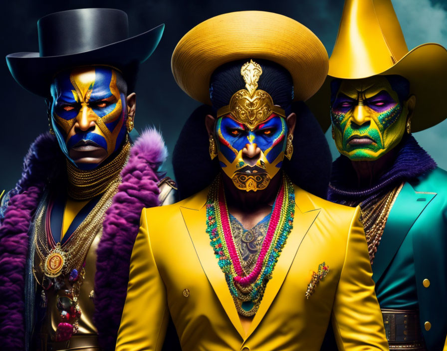 Three people in ornate masks and regal costumes in purple, gold, and teal.