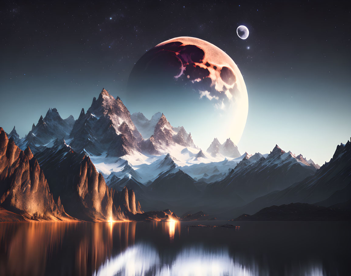 Moonlit snow-capped mountains and serene lake landscape with boat and house.